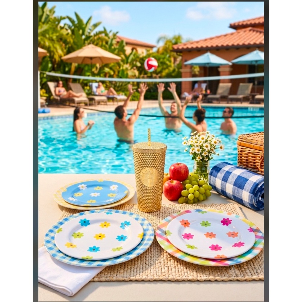 Starbucks Gold Studded Tumbler and Floral Gingham Melamine Plate Set 9pc Bundle